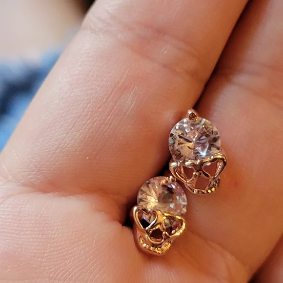 Unisex Rose Gold CZ Skull Earrings - Picture 3 of 3